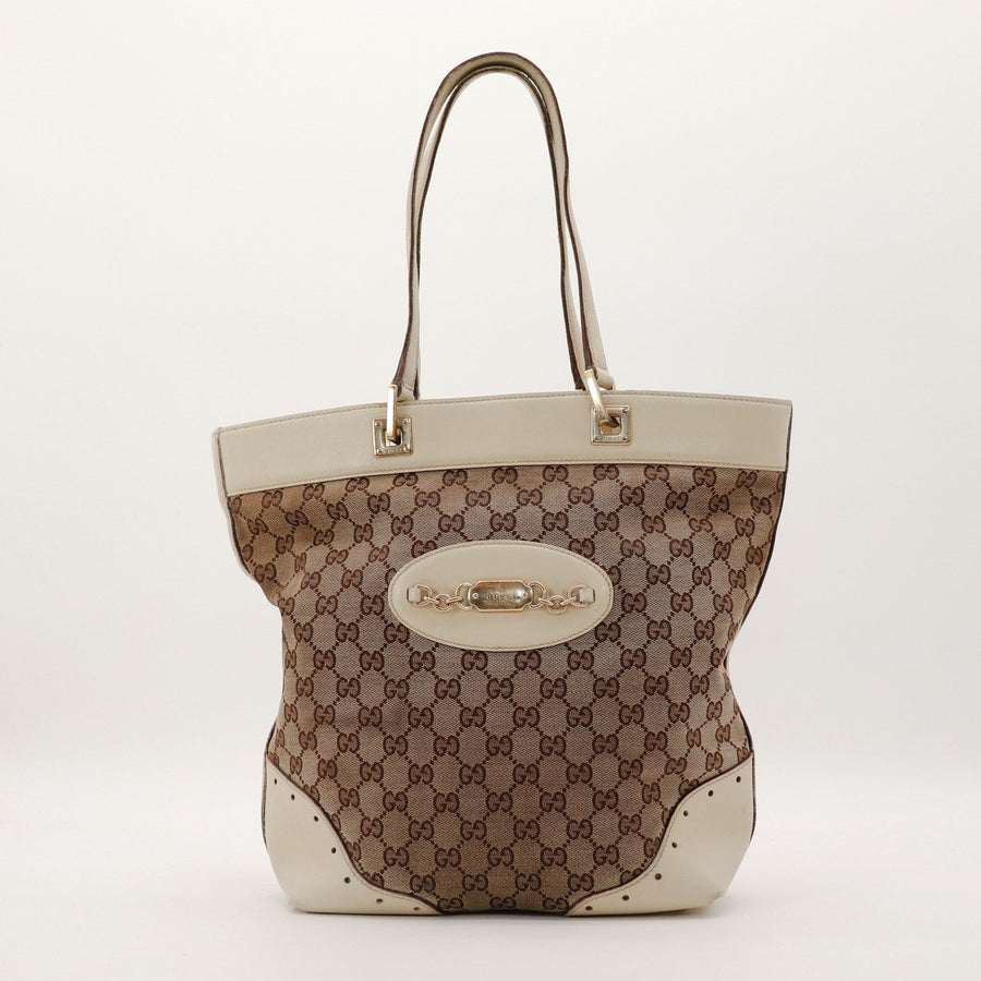 Tote Bag Gucci Horsebit canvas GG cuir ivoire vue de face occasion authentique — AMANA Vintage