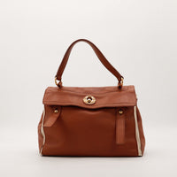 Sac Yves Saint Laurent Muse cuir grainé marron et toile ivoire vue de face occasion authentique — AMANA Vintage