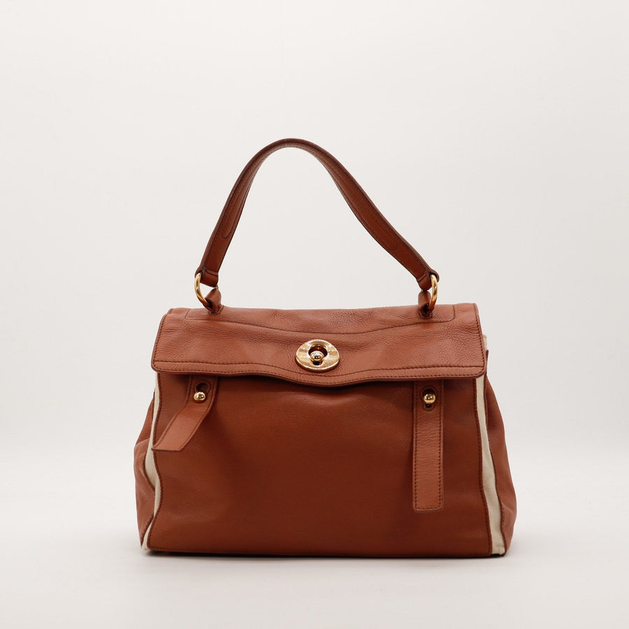 Sac Yves Saint Laurent Muse cuir grainé marron et toile ivoire vue de face occasion authentique — AMANA Vintage