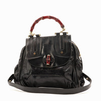 Tote Bag Bambou Gucci noir anse bambou rouge laqué vue de face occasion authentique — AMANA Vintage