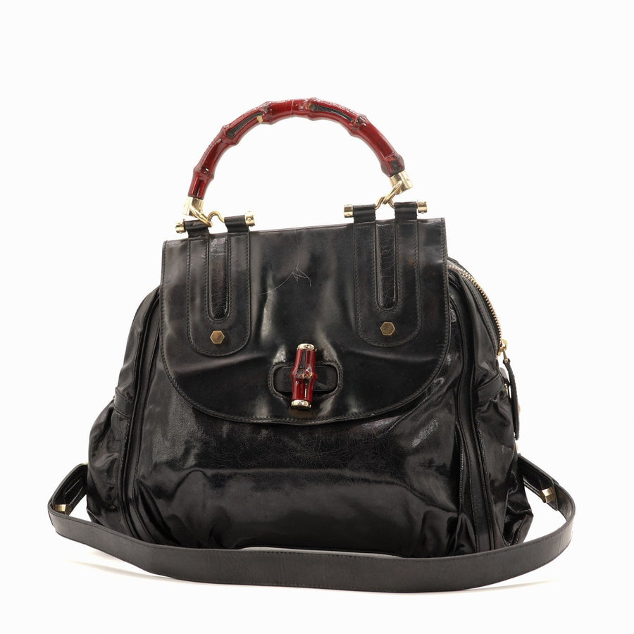 Tote Bag Bambou Gucci noir anse bambou rouge laqué vue de face occasion authentique — AMANA Vintage
