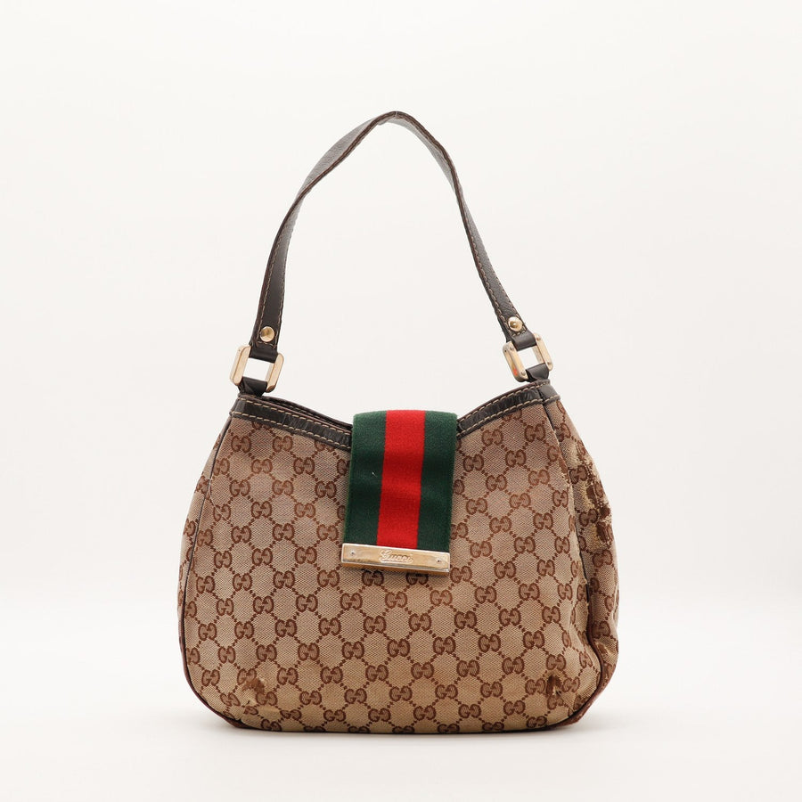Hobo Web Gucci toile monogrammée bande Web verte rouge vue de face occasion authentique — AMANA Vintage