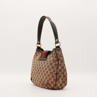 Vue de côté gauche Hobo Web Gucci cuir marron foncé bande Web — AMANA Vintage