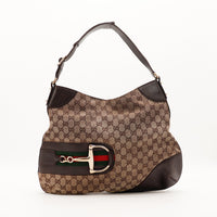 Hobo Gucci Horsebit toile monogrammée beige marron vue de face occasion authentique — AMANA Vintage