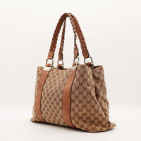 Tote Bag Bambou Gucci vue de trois quarts côté gauche toile monogrammée cuir marron — AMANA Vintage