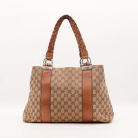 Tote Bag Bambou Gucci vue arrière toile monogrammée bandes cuir marron — AMANA Vintage