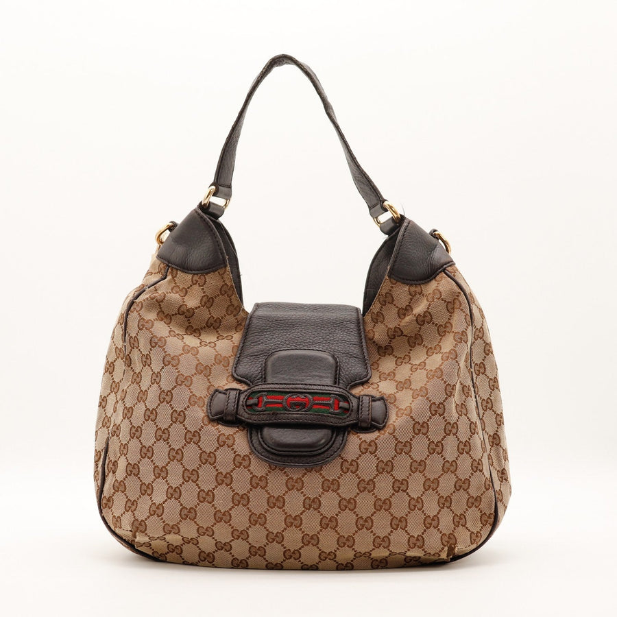 Hobo Gucci toile monogrammée beige marron fermoir Web vue de face occasion authentique — AMANA Vintage