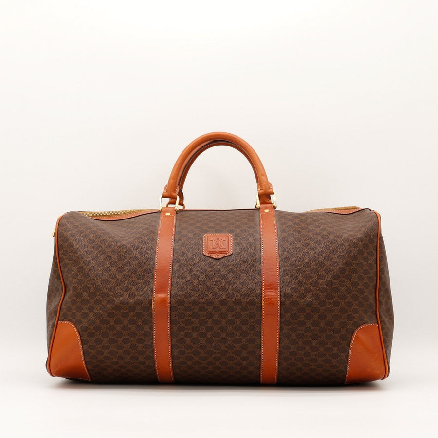 Sac de voyage Céline Boston Macadam toile monogrammée marron cuir cognac vue de face occasion authentique — AMANA Vintage