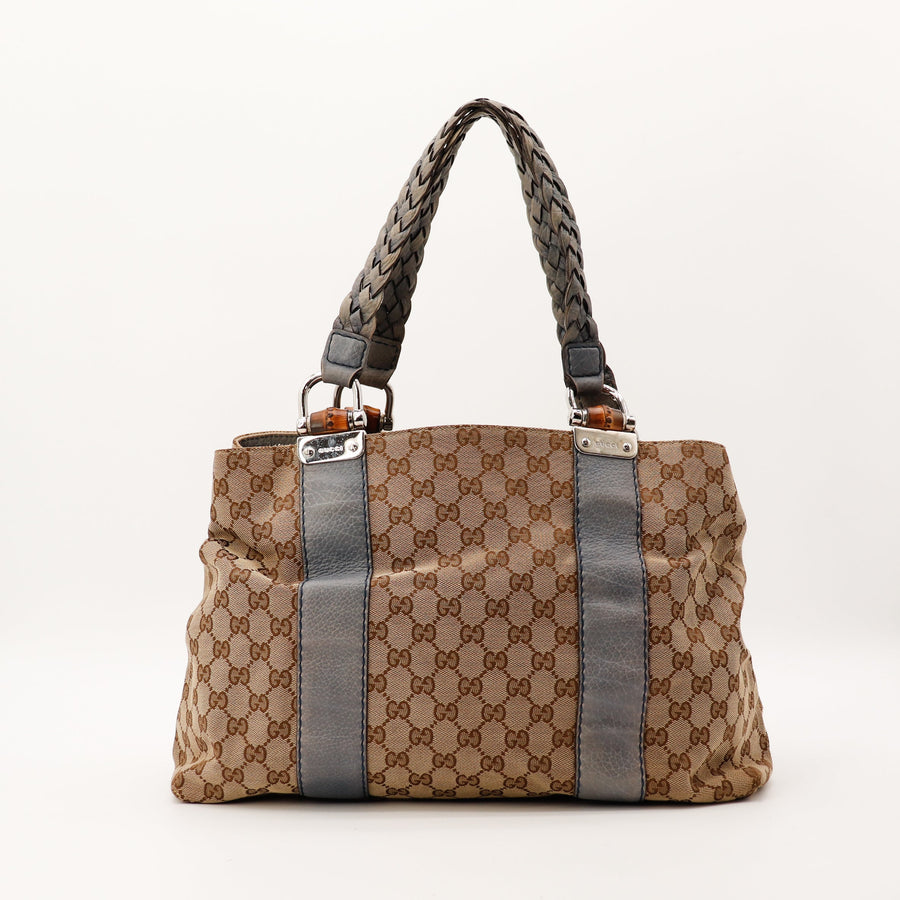 Sac Gucci Tote Bag Bamboo toile GG Canvas beige gris vue de face occasion authentique — AMANA Vintage