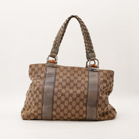 Vue trois quarts droite sac Gucci Tote Bamboo toile GG Canvas occasion authentique — AMANA Vintage