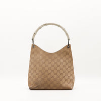Hobo Bambou Gucci daim monogrammé taupe anse bambou laqué vue de face occasion authentique — AMANA Vintage