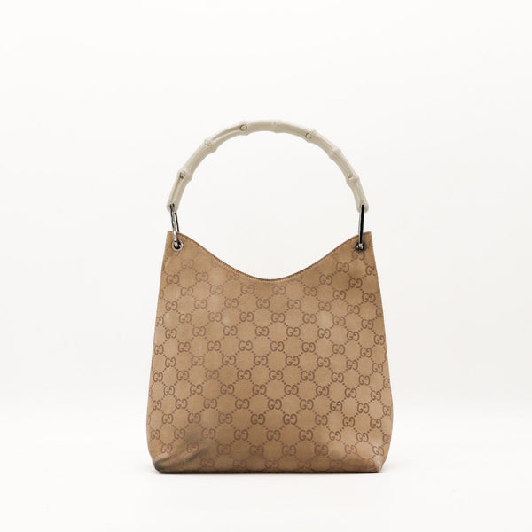 Hobo Bambou Gucci daim monogrammé taupe anse bambou laqué vue de face occasion authentique — AMANA Vintage