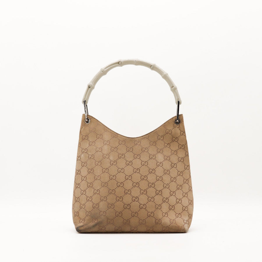 Hobo Bambou Gucci daim monogrammé taupe anse bambou laqué vue de face occasion authentique — AMANA Vintage