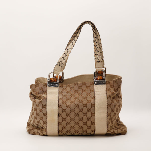 Sac Gucci Tote Bamboo toile GG Canvas cuir ivoire vue de face occasion authentique — AMANA Vintage