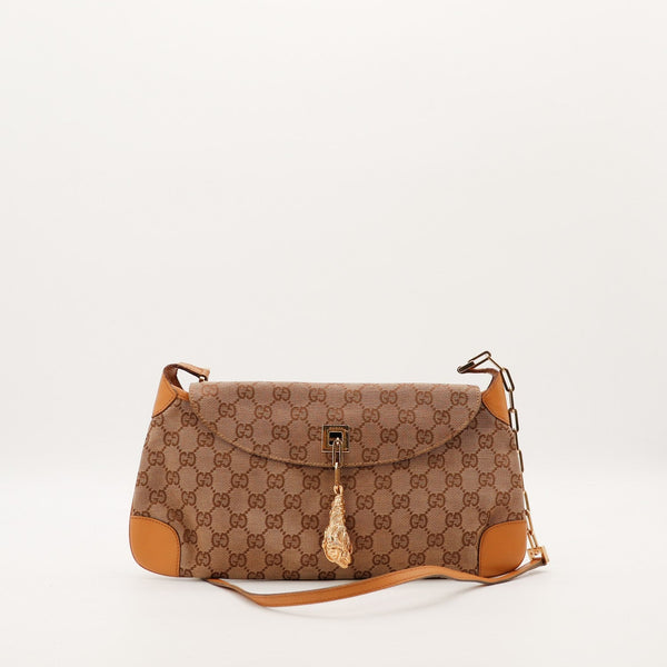 Sac Gucci Hobo toile monogrammée cuir camel fermoir tête de tigre doré vue de face occasion authentique — AMANA Vintage