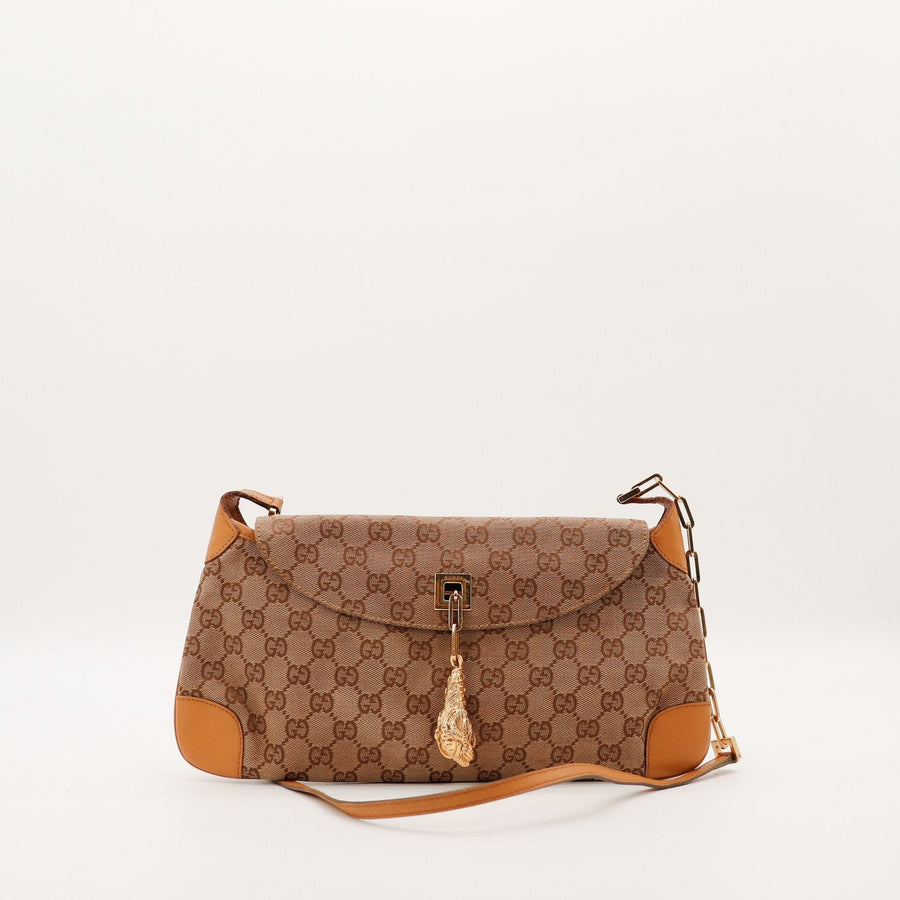 Sac Gucci Hobo toile monogrammée cuir camel fermoir tête de tigre doré vue de face occasion authentique — AMANA Vintage