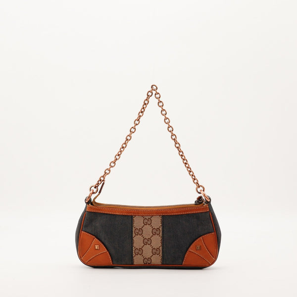 Pochette Gucci toile denim et monogramme vue de face occasion authentique — AMANA Vintage