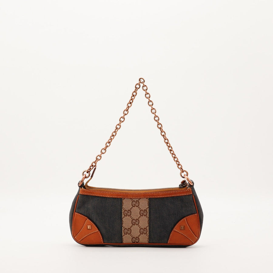 Pochette Gucci toile denim et monogramme vue de face occasion authentique — AMANA Vintage