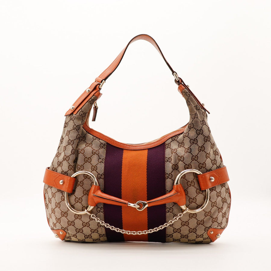 Sac Gucci Hobo Horsebit toile monogrammée et cuir orange vue de face occasion authentique — AMANA Vintage