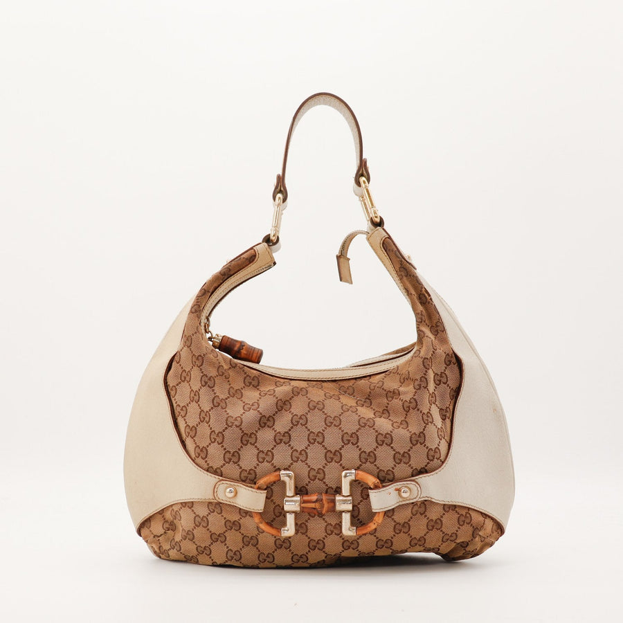 Sac Gucci Hobo Bamboo toile monogrammée et cuir ivoire vue de face occasion authentique — AMANA Vintage