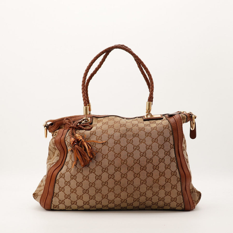 Sac Gucci Hobo toile monogrammée beige anses tressées vue de face occasion authentique — AMANA Vintage