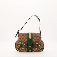 Sac Gucci Hobo Horsebit toile monogrammée bande Web verte vue de face occasion authentique — AMANA Vintage