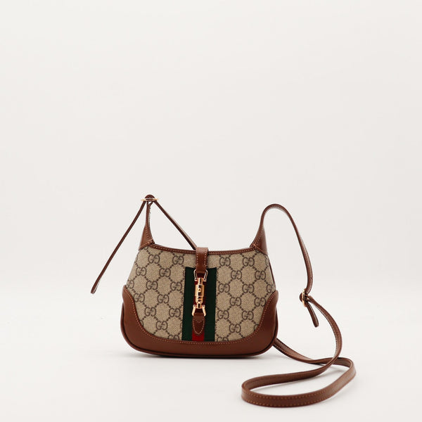 Gucci Jackie 1961 Mini toile monogrammée cuir marron bande Web vue de face occasion authentique — AMANA Vintage