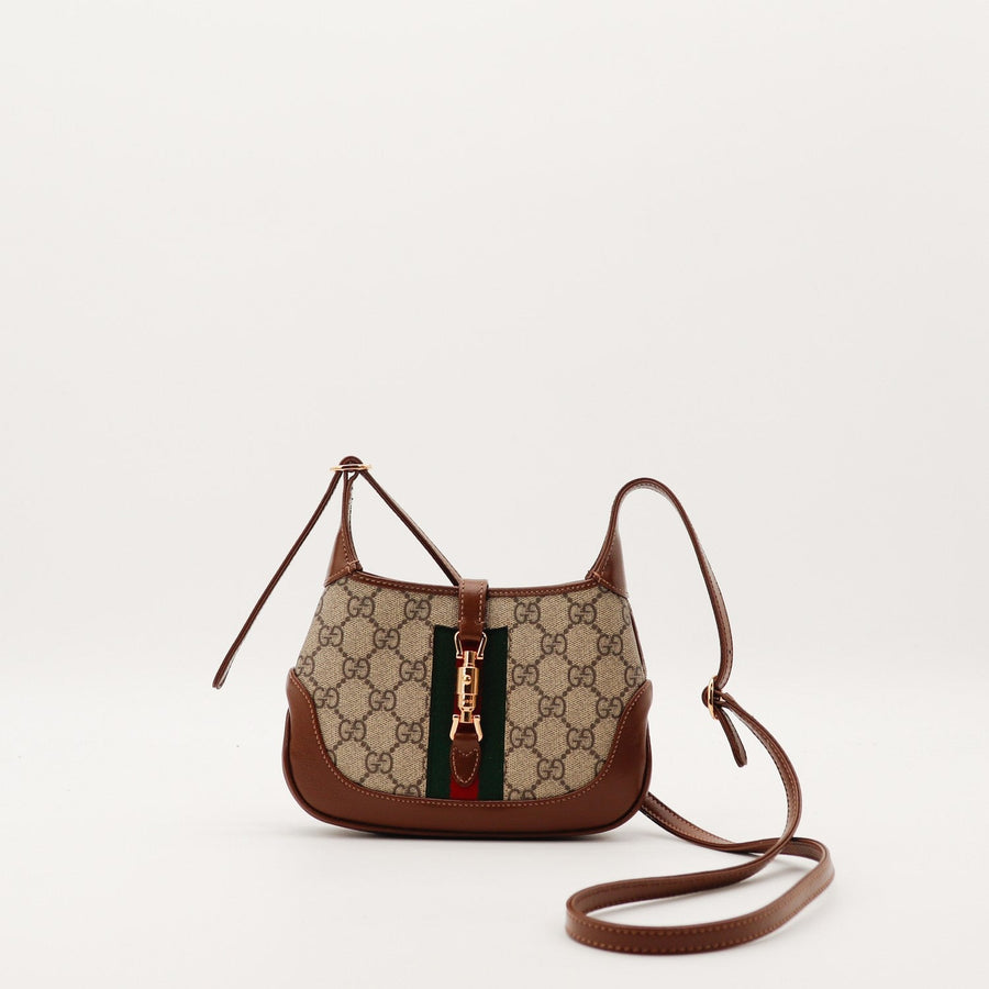 Gucci Jackie 1961 Mini toile monogrammée cuir marron bande Web vue de face occasion authentique — AMANA Vintage
