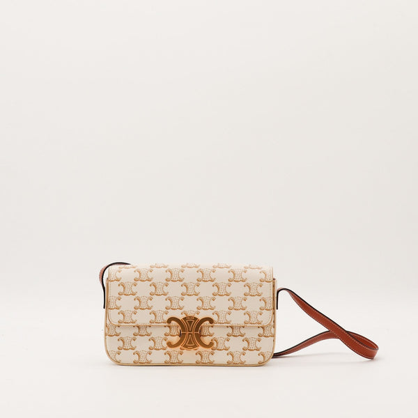 Sac Celine Triomphe toile enduite ivoire motif Triomphe vue de face occasion authentique — AMANA Vintage