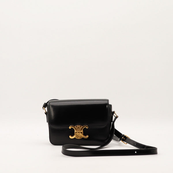 Sac Celine Triomphe Teen cuir box noir fermoir doré vue de face occasion authentique — AMANA Vintage