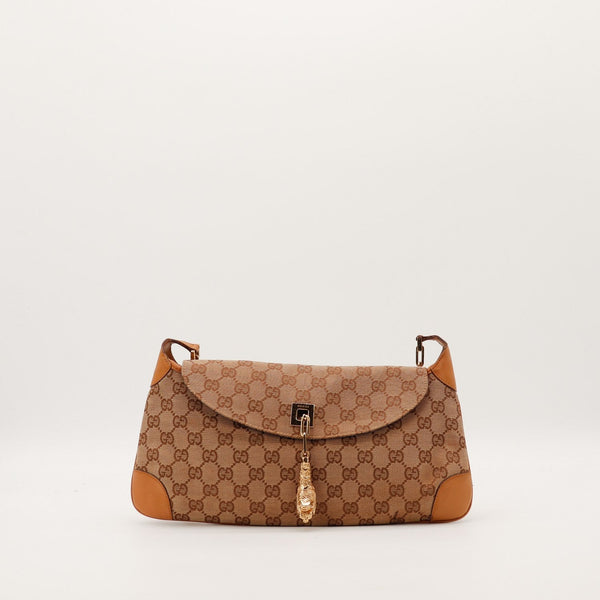 Sac Gucci Hobo toile monogrammée cuir cognac breloque tigre dorée vue de face occasion authentique — AMANA Vintage