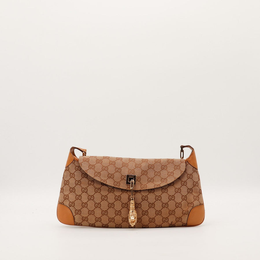 Sac Gucci Hobo toile monogrammée cuir cognac breloque tigre dorée vue de face occasion authentique — AMANA Vintage