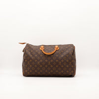 Vue arrière Louis Vuitton Speedy 35 toile Monogram patine vachette — AMANA Vintage