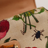 Détail toile Flora Gucci Tote Bag Bella Bambou fil décousu angle supérieur — AMANA Vintage