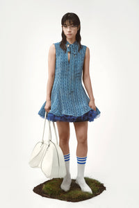 Debbie tulle dress printed cable knit blue