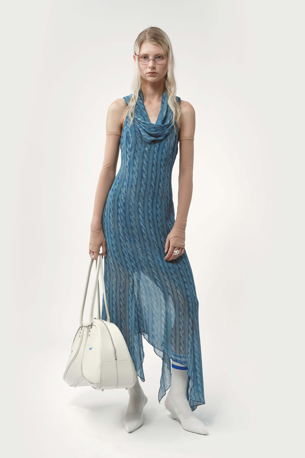 Disa draped dress printed cable knit blue