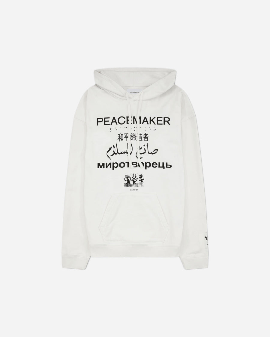 OAMC Peacemaker Loose Fit Hoodie Languages Print White Sweatshirts Hoodies PCM2OH01EFT00201 01