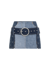 Regenerated Denim Belted Mini Skirt