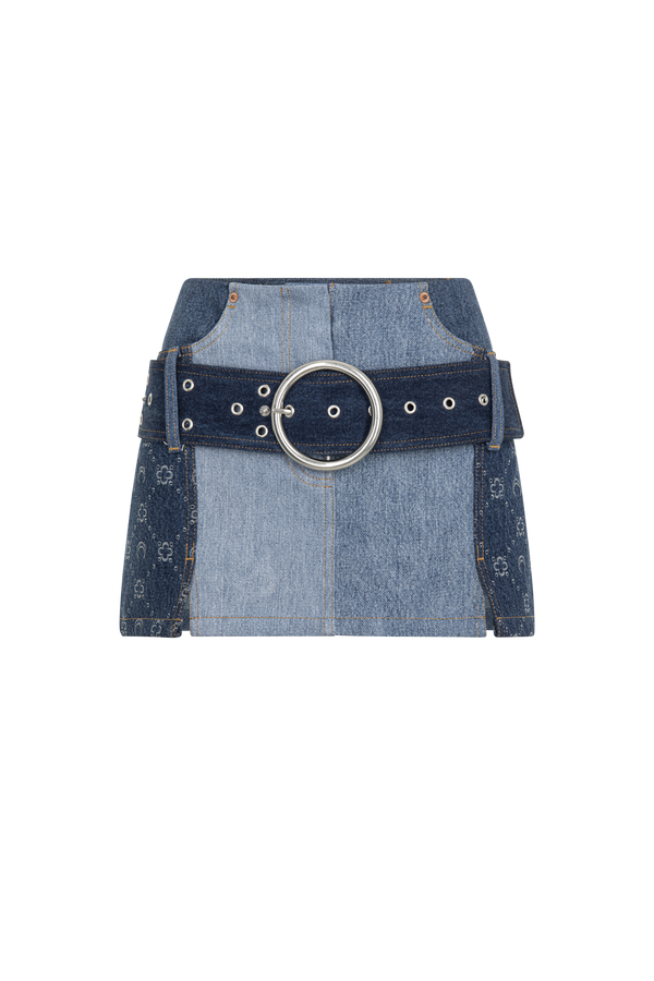Regenerated Denim Belted Mini Skirt